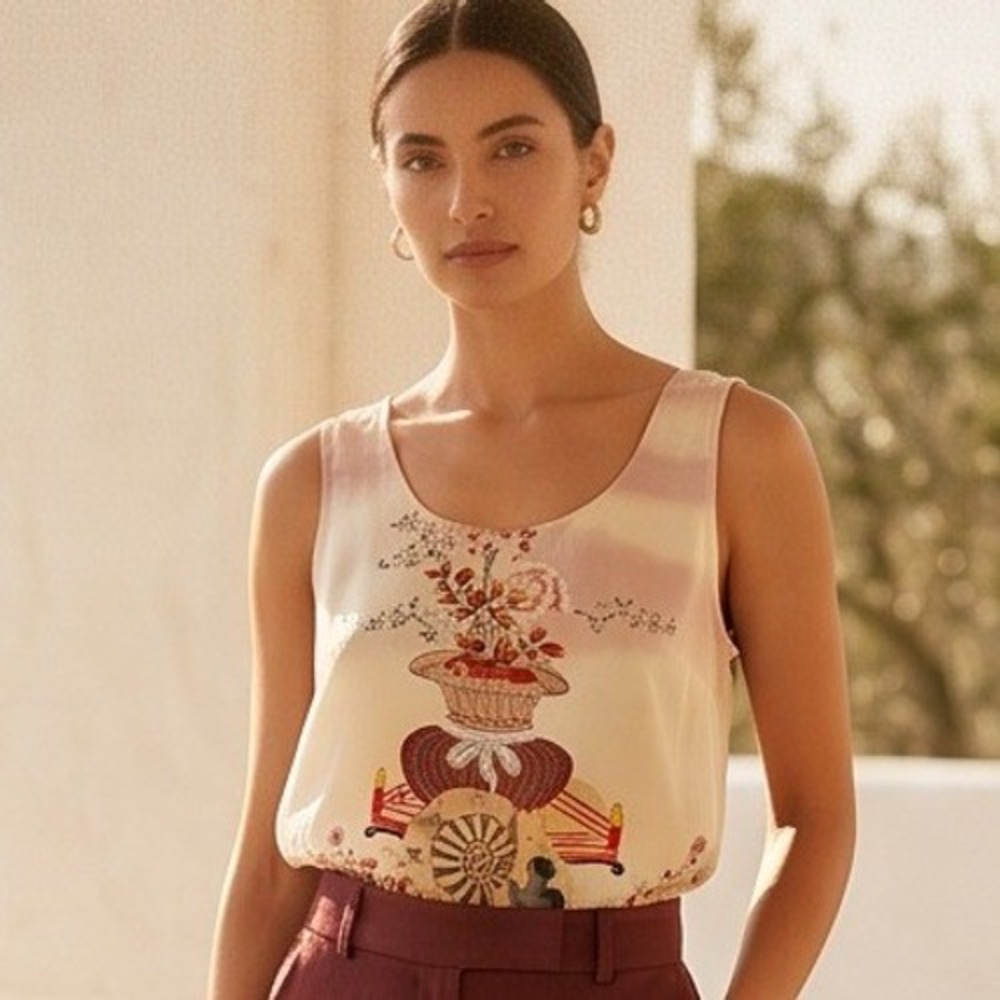 Citron Santa Monica L 100% Silk Vintage Tank Top Asian Floral Art To Wear Red